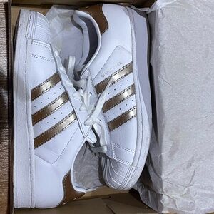 Adidas White and Gold Superstar Shoes